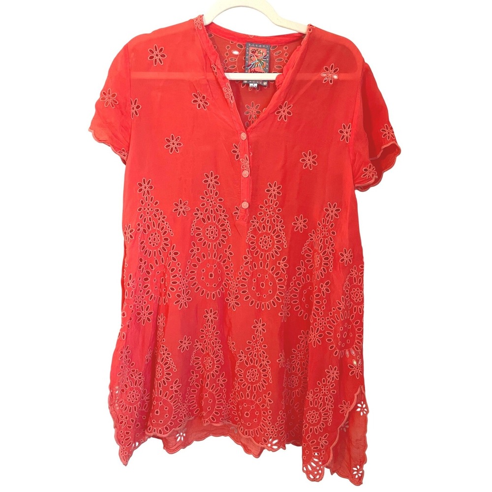 Johnny Was Size S A-Line Coral Eyelet Coverup Tunic Boho Cupra Embroidered